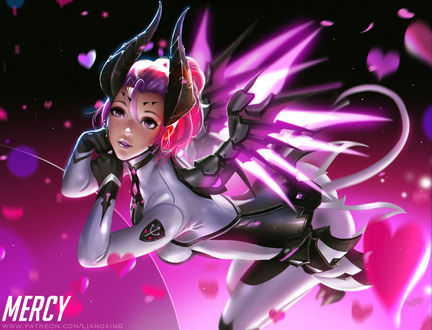 Обои на рабочий стол Mercy / Ангел / Ангела Циглер из игры Overwatch / Дозор в демонической броне, by Liang-Xing