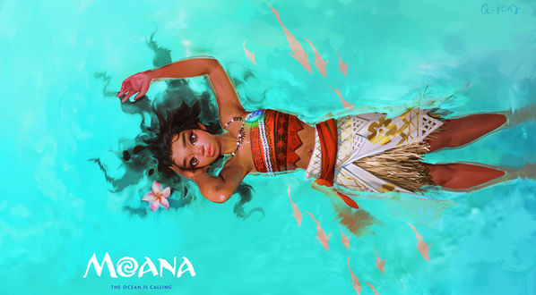 Обои на рабочий стол Moana Waialiki / Моана Ваялики из мультфильма Moana / Моана лежит в воде, by Q - peng