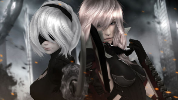 Обои на рабочий стол Lightning / Молния из компьютерной игры Final Fantasy / Последняя фантазия и YoRHa №2 тип B из игры NieR: Automata, by sculp2