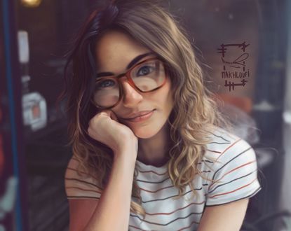 Обои на рабочий стол Девушка в очках поддерживает рукой голову, by Ameur Makhloufi