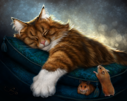 Обои на рабочий стол Спящий кот, к которому подбираются мышки, by AlenaEkaterinburg