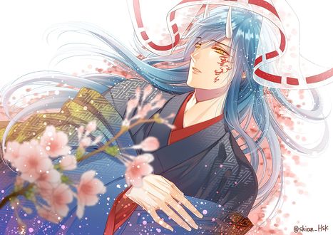 Обои на рабочий стол Парень с рогами в японской одежде из игры Touken Ranbu / Танец мечей