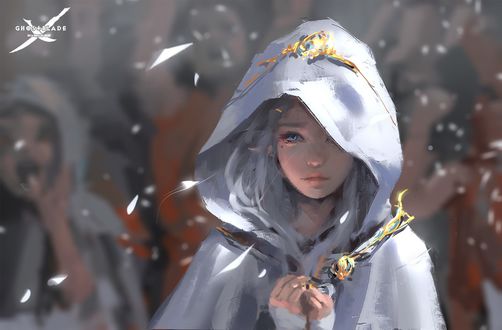 Обои на рабочий стол Девушка эльф в белой накидке, размытый фон, автор Wang Ling под ником wlop