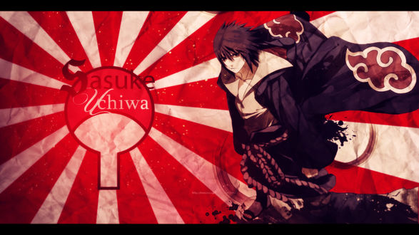 Обои на рабочий стол Uchiha Sasuke / Учиха Саске в плаще Akatsuki на фоне японского флага с эмблемой клана из аниме Naruto / Наруто