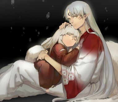 Обои на рабочий стол Братья демон Sesshomaru / Сесшомару и Inuyasha сидят в обнимку из аниме InuYasha / Инуяша