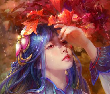 Обои на рабочий стол Девушка с голубыми волосами у листвы под дождем, by cao yuwen