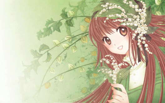 Обои на рабочий стол Кобато Ханато / Hanato Kobato из аниме и манги Кобато / Kobato улыбается с ландышами в руке и волосах на фоне физалисов