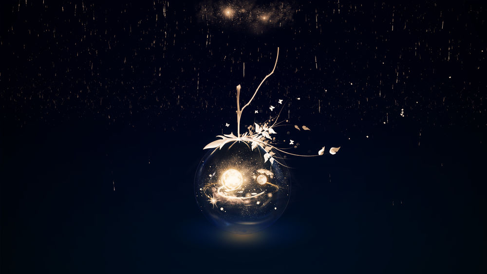 Обои для рабочего стола Стеклянный шар, внутри которого космос, на веточке с листьями под золотым дождем, by Y_Y