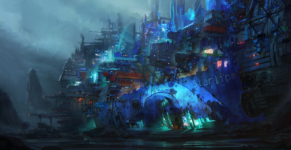 Обои для рабочего стола Корабль-крепость Starliner в ночном тумане, art by Leon Tukker
