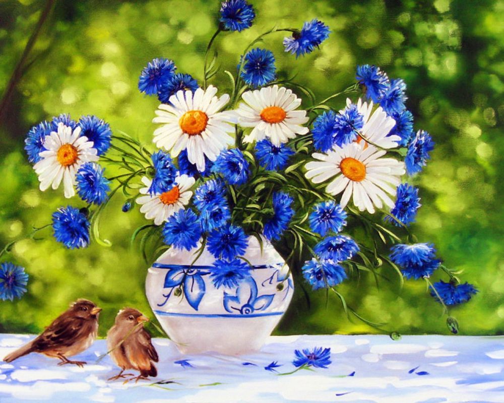 Обои для рабочего стола Вазочка с цветами и воробьями, художник Шайкина -Рыбак Наталья Валентиновна