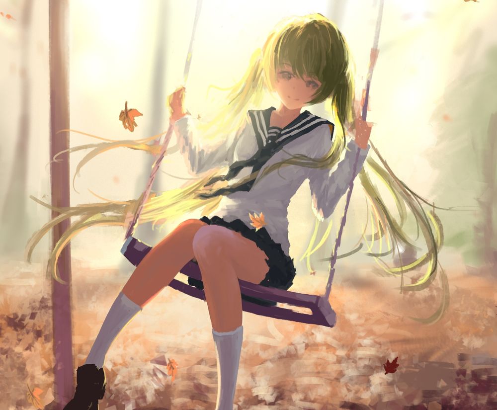 Обои для рабочего стола Вокалоид Хатсуне Мику / Vocaloid Hatsune Miku качается на качелях в осеннем парке, by Sombernight