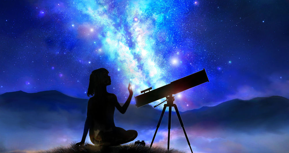 Обои для рабочего стола Девушка сидит в траве около телескопа на фоне ночного неба и млечного пути, by 00