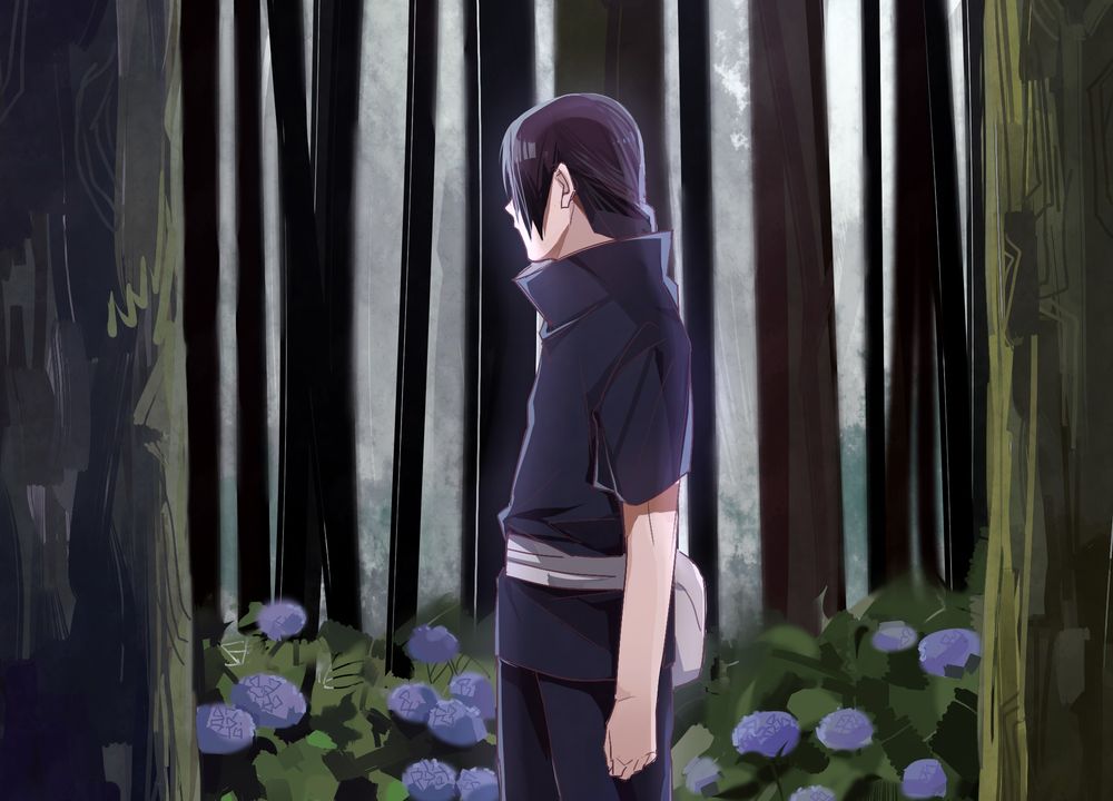Обои для рабочего стола Итачи Учиха / Itachi Uchiha стоит в среди деревьев и цветущей гортензии из аниме Наруто / Naruto, art by Masashi Kishimoto
