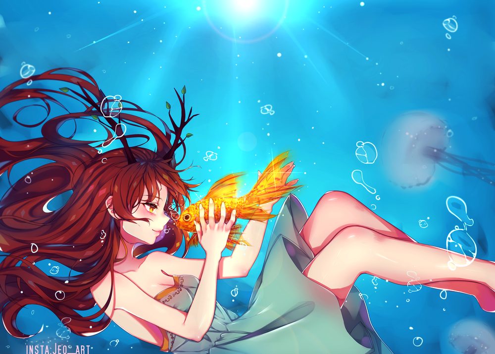 Обои для рабочего стола Рыжеволосая девушка с золотой рыбкой под водой на фоне медуз, by AoiKen