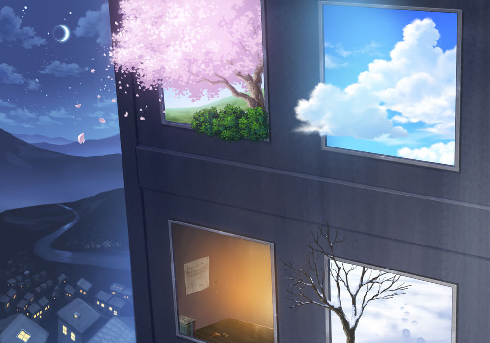 Обои для рабочего стола В окнах дома видны четыре сезона:весна, лето, осень и зима, by whyto