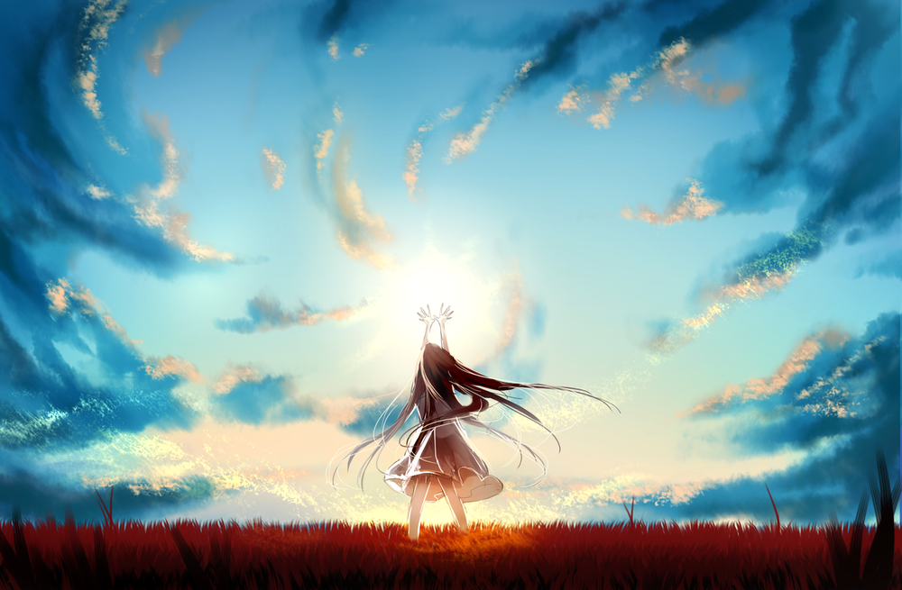 Обои для рабочего стола Девушка стоит в поле на фоне неба, вытянув руки вверх, by Flaykie