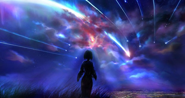 Обои на рабочий стол Мицуха Миямизу / Mitsuha Miyamizu из аниме Твое имя / Kimi no Na wa на фоне ночного неба и падающих звезд