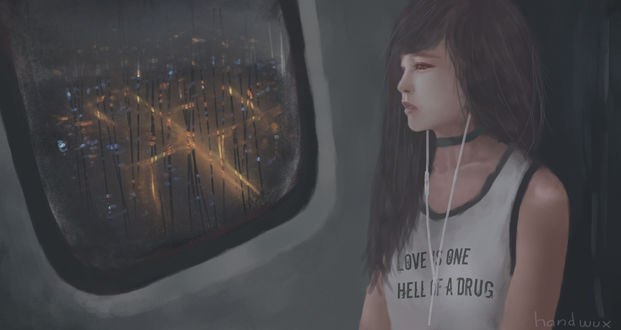 Обои на рабочий стол Девушка смотрит в окно внутри самолета (love is one hell of adrug), by handwux