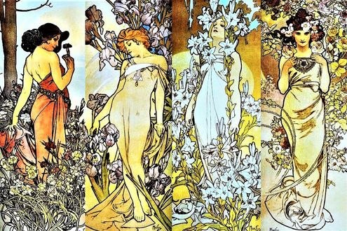 Обои на рабочий стол Картина Гвоздика, ирис, лилия, роза, художник Alfons Maria Mucha / Альфонс Мариа Муха