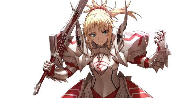 Обои на рабочий стол Сэйбер Красных / Saber of Red / Мордред / Mordred с мечем в доспехах из аниме и манги Судьба: Апокриф / Fate / Apocrypha, а также онлайн RPG игры Fate / Grand Order