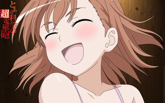 Обои на рабочий стол Микото Мисака / Mikoto Misaka из аниме Некий научный Рейлган / Toaru Majutsu no Index Gaiden: Toaru Kagaku no Railgun радуется улыбается