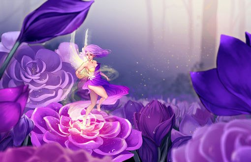 Обои на рабочий стол Эльфийка стоит на цветке на фоне других цветов, by DreamerWhit
