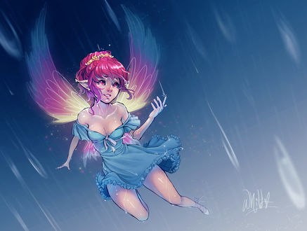 Обои на рабочий стол Эльфийка с крыльями в голубом платье, by DreamerWhit