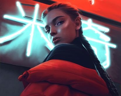Обои на рабочий стол Девушка стоит напротив неоновой вывески, by Kelly Cox