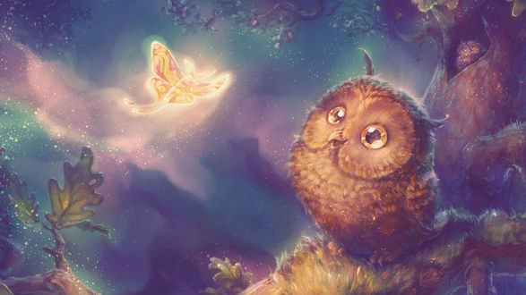 Обои на рабочий стол Совенок смотрит на порхающую бабочку, by Fany001