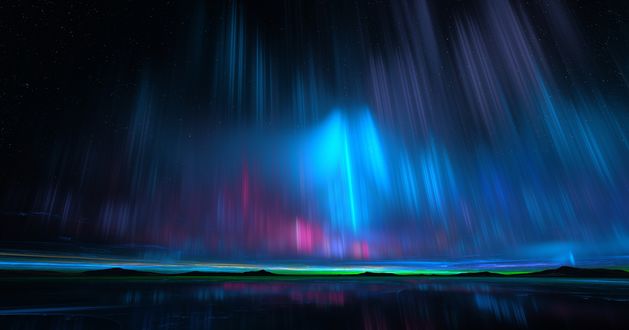 Обои на рабочий стол Северное сияние в ночном небе над водоемом