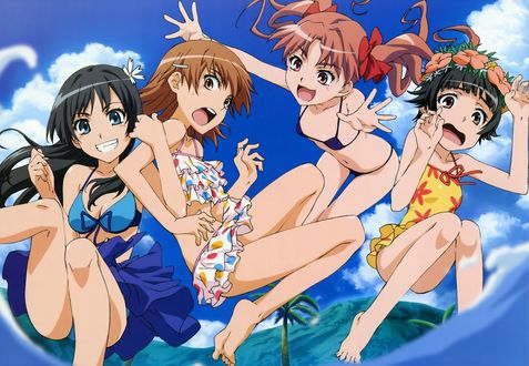 Обои на рабочий стол Персонажи аниме - Некий научный Рейлган / Toaru Kagaku no Railgun Микото Мисака / Mikoto Misaka, Куроко Сираи / Kuroko Shirai, Кадзари Уихару / Kazari Uiharu и Руико Сатэн / Ruiko Saten прыгают в воду в купальниках