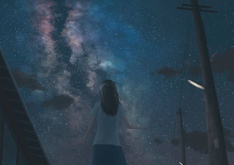 Обои на рабочий стол Девушка в школьной форме на фоне ночного неба и млечного пути