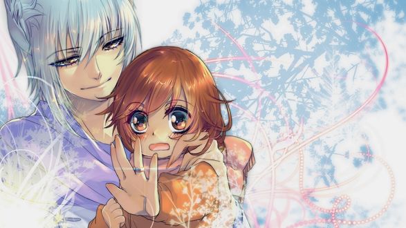 Обои на рабочий стол Демон-лис Tomoe / Томое и маленькая Nanami Momozono / Нанами Момозоно смотрит на колечко на пальце из аниме Kamisama Hajimemashita / Очень приятно, Бог