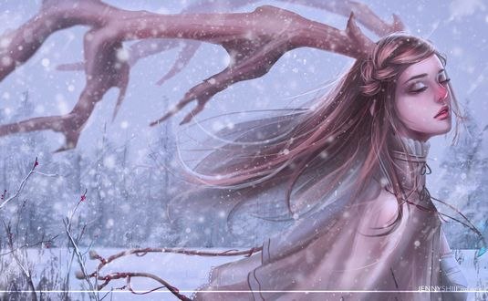 Обои на рабочий стол Девушка с оленьими рогами на фоне снега, by jennyshiii