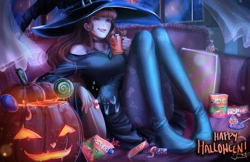 Обои на рабочий стол Девушка-ведьмочка на фоне еды и тыквы держит кружку (happy halloween / счастливого Хеллоуина), by jennyshiii