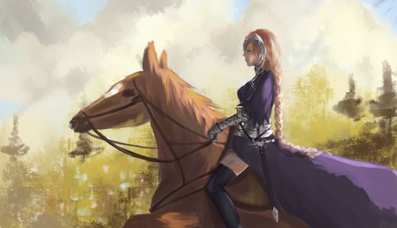 Обои на рабочий стол Рулер / Ruler с косой верхом на лошади из аниме и манги Судьба: Апокриф / Fate / Apocrypha, а также онлайн RPG игры Fate / Grand Order