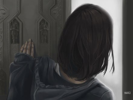 Обои на рабочий стол Девушка стоит к нам спиной, работа Glimpse into white / Взгляните в белый цвет, by Mikhail Jacinto