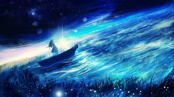 Обои на рабочий стол Девушка в лодке на фоне заката, by Y_Y