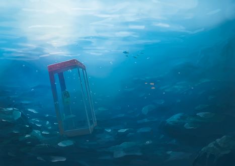 Обои на рабочий стол Телефонная будка под водой