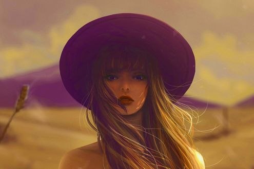 Обои на рабочий стол Девушка с длинными волосами в шляпе на фоне неба, by jennyshiii