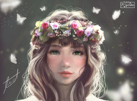 Обои на рабочий стол Зеленоглазая девушка в венке, by fizzypopcake