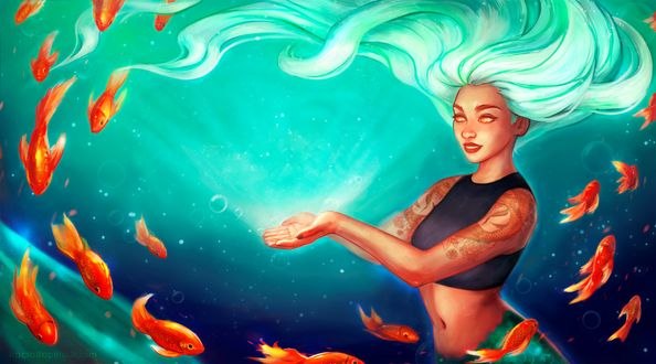 Обои на рабочий стол Девушка под водой в окружении рыбок, by RocioRodriguez