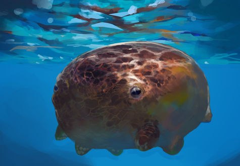 Обои на рабочий стол Фантастическое животное пятнистого окраса под водой