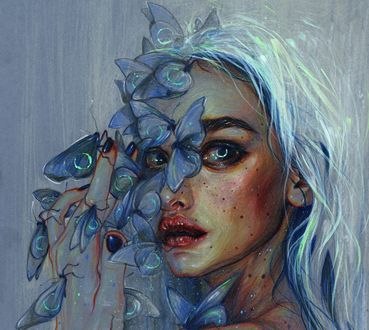Обои на рабочий стол Девушка в голубых бабочках, by Tanya Shatseva