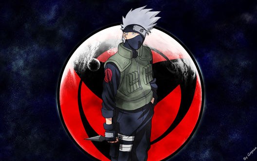 Обои на рабочий стол Какаши Хатаке / Kakashi Hatake в форме Конохи на фоне шарингана из аниме Наруто / Naruto