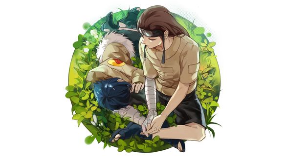 Обои на рабочий стол Hinata Hyuga / Хината Хьюга спит на траве, положив голову на колено Hyuga Neji / Хьюга Неджи, из аниме Naruto / Наруто