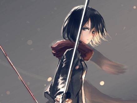 Обои на рабочий стол Микаса Аккерман / Mikasa Ackerman на сером фоне, из аниме Атака Титана / Attack on Titan / Shingeki no Kyojin