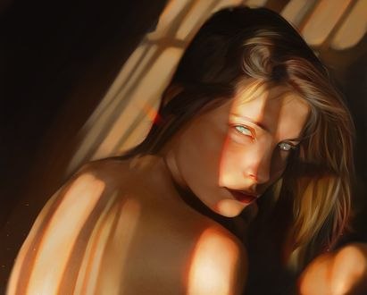 Обои на рабочий стол Девушка сидит к нам спиной в падающем на нее свете, by Loy Baldon