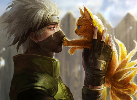 Обои на рабочий стол Какаши Хатакэ / Kakashi Hatake из аниме Наруто / Naruto с маленьким девятихвостым лисенком