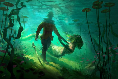 Обои на рабочий стол Mermaid and Soldier / русалка и солдат под водой, by Joya-Filomena